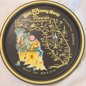VTG WALT DISNEY WORLD FLORIDA SOUVENIR BLACK & YELLOW METAL MAP TRAVEL-TRAY-MCM